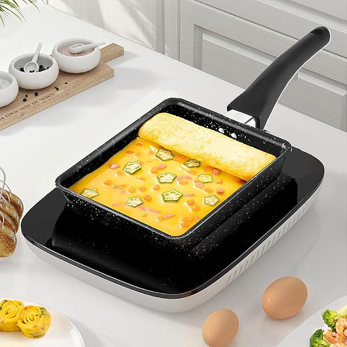 Joyzan Square Japanese Omelette Pan, Tamagoyaki Egg Skillet Maker Nonstick | Roll Rectangle Tamago Frying Rectangular Kitchen Cooking Griddle Tools Plastic Handle Baking Pancake Induction Cooktop Black