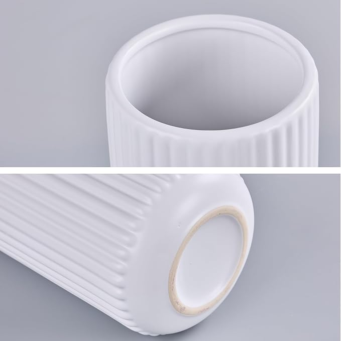 White Ceramic Flower Vase for Pampas Grass, 6 inch Small Decorative Centerpiece Ribbed Vase for Dining Table, Office Desktop, Shelf Bookshelf, Mantel, Bathroom, Countertop, Farmhouse, Gift