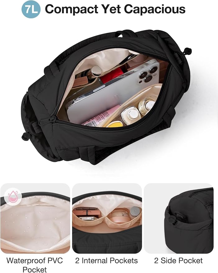 Noozion 12 Inch Mini Gym Bag for Women, Lightweight Quilted Crossbody Duffle Bag with Wet Pocket, Dual Side Pockets, Adjustable Strap, Small Workout Bag for Yoga, Pilates, Swimming & Daily Use