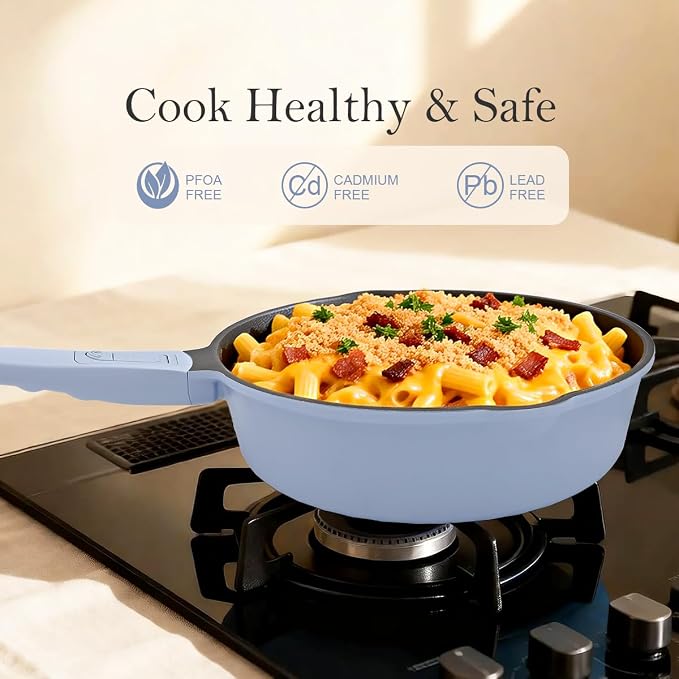 Small Deep Frying Pan with Lid, 8 Inch Non Stick Egg Skillet, Omelette Pan Non Toxic, Mini Pans for Cooking, Induction Cookware, Compatible with All Stoves, Detachable Handle, Oven Safe, Blue