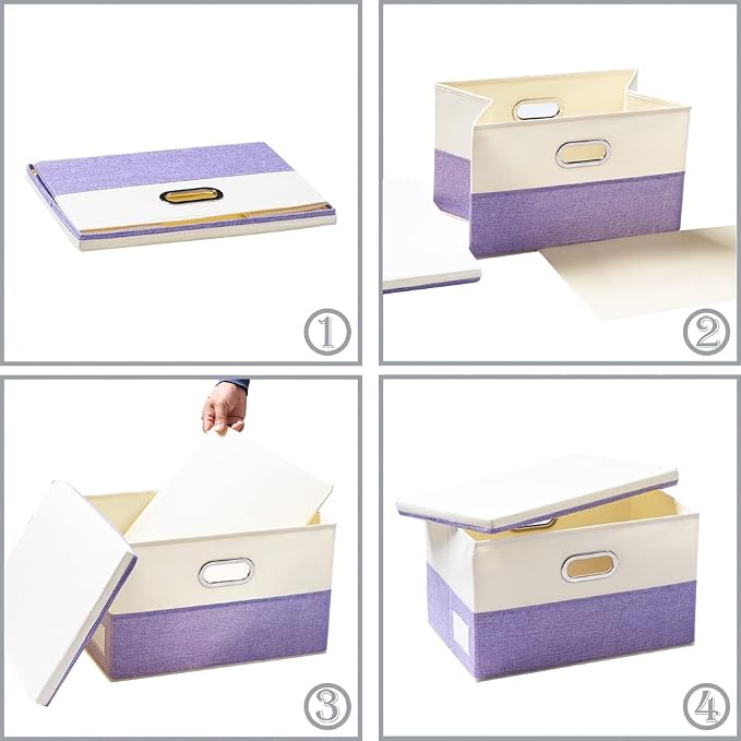 Large Foldable Storage Bins with Lids [3-Pack] linen Fabric Decorative Storage Boxes Organizer Containers Baskets Cube with Handles Divider for Bedroom Closet Purple&Cream(17.7x11.8x11.8)