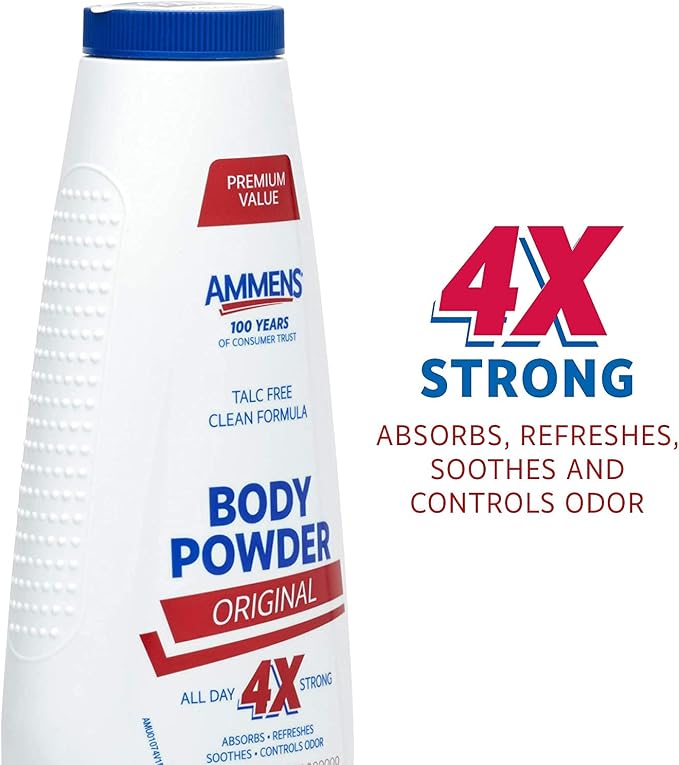 Ammens Body Powder Original – Talc-Free Clean Formula, All-Day 4X Strong Protection, 11 oz (Pack of 4)