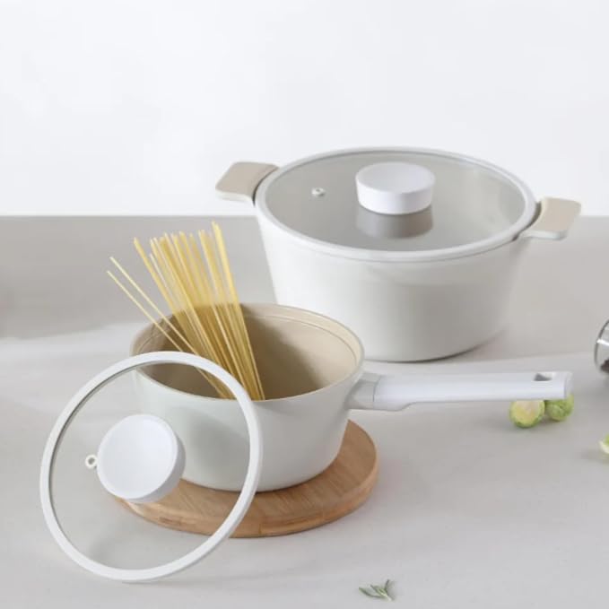 NEOFLAM Vulcan Ivory Double Handle Stockpot with Glass Lid, 4Qt (9.5") Cast Aluminum, Lightweight Ceramic Nonstick Pot, PFAS PFOA Free, Dishwasher Safe, Induction Ready, Made in Korea