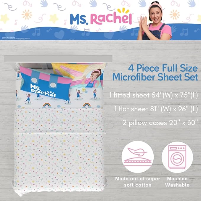 Ms. Rachel Educational Adventures Bedding Super Soft Cozy 4 Piece Microfiber Sheet Set, Full, (Officially Licensed Product) by Franco Kids