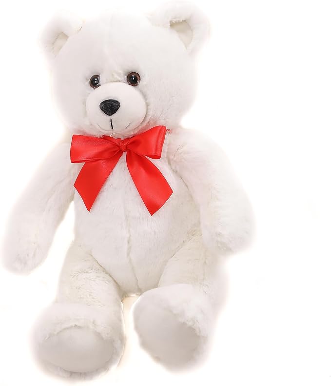 Plushland 15" Sitting Brown Fluffy Bear with Bowknot - Soft Plush Teddy Bear for Kids & Adults - Cuddly Stuffed Animal Gift for All Ages - Adorable Sitting Bear for Home & Nursery Decoration (White)