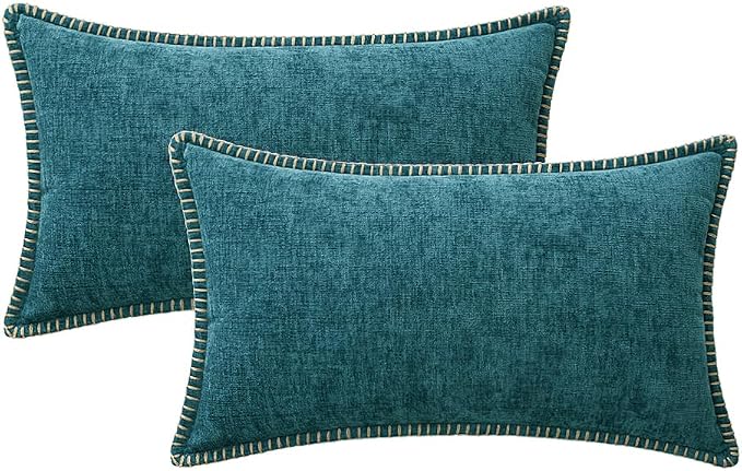 MIULEE Decorative Lumbar Throw Pillow Covers 12x20 Inch Dark Teal 2 Pack | Farmhouse Pillow Covers with Stitched Edge, Soft Chenille Cushion Cases, for Couch Sofa Bed Living Room Home Decor