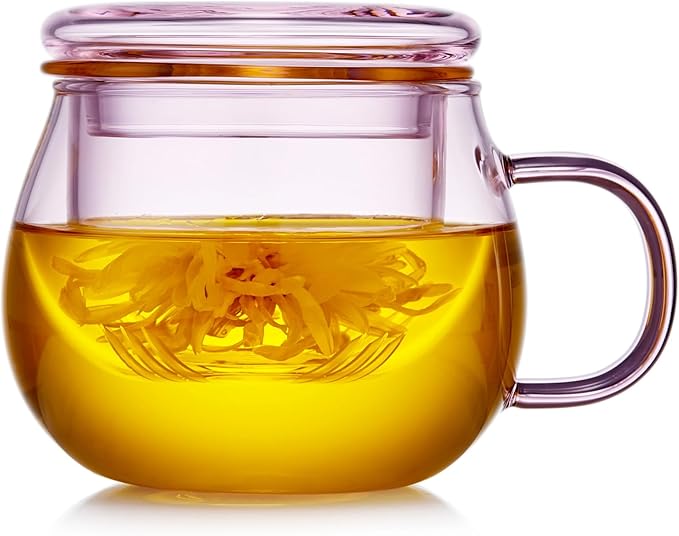 DOPUDO 11oz Pink Glass Tea Cup with Infuser and Lid– Versatile and Elegant Gift for Women, Perfect for Loose Leaf Tea and Other Beverages.