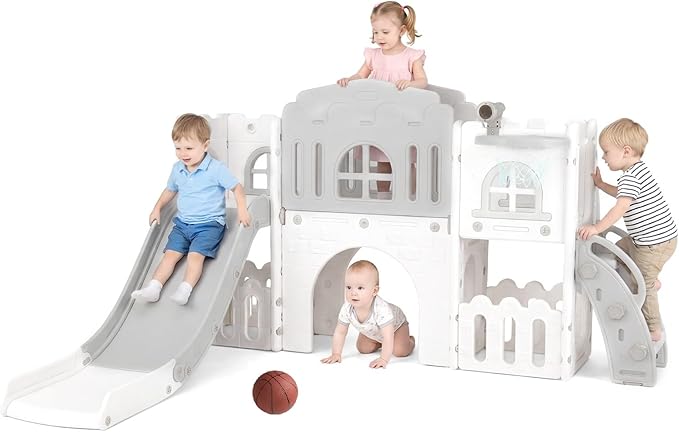 OLAKIDS Toddler Slide, 9 in 1 Kids Indoor Outdoor Playground with Climber Basketball Hoop Telescope Tunnel Corridor Toy Storage Steering Wheel for Boys Girls Aged 1+ (Grey)