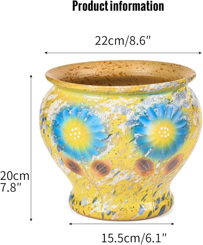 Sungmor 9 Inch Hand Painted Ceramic Succulent Plant Pots - Yellow & Daisy | Vintage Decorative Pottery Planters for Indoor Outdoor Plants, Table Centerpieces & Flower Arrangement Home Decor