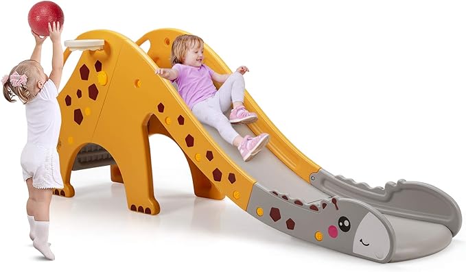 BABY JOY Toddler Slide, Kids Large Slide Play Climber Set with Long Slipping Slope, Basketball Hoop and Ball, Enclosed Steps, Easy Assemble Indoor Outdoor Backyard Freestanding Slides for Kids Age 1-8