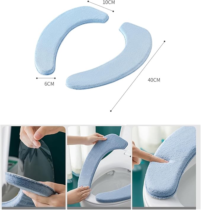 1 Pair Soft Toilet Seat Covers Plush Thick Fabric Toilet Seat Warmer Waterproof self-adhesive Reusable Machine-Washable Universal for All Types of Toilets Bathroom (Blue)