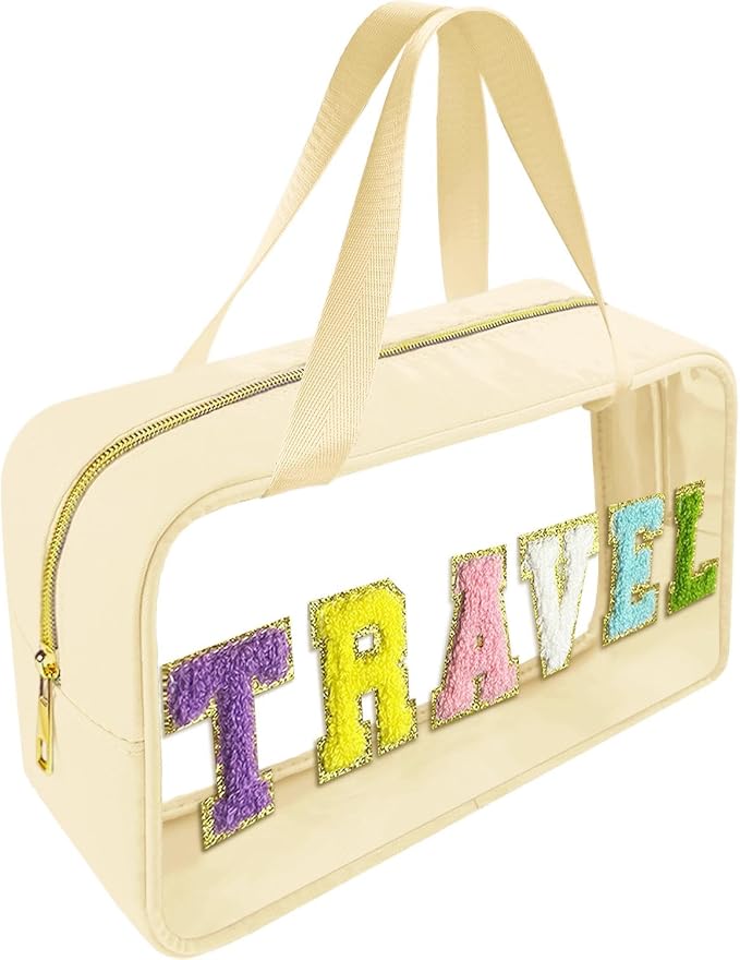 Bunliuys Chenille Letter Clear Makeup Bag Travel Patch, Travel Toiletry Makeup Bag with Handle, Nylon Waterproof Makeup Bags clear cosmetic bag, preppy patch makeup bag for Women (TRAVEL-Beige)
