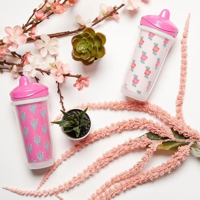 Playtex Baby Sipsters Hard Spout Sippy Cup for 12+ Months, 9 Ounce (2 Count), Pink Rose & Cactus Design, Insulated Toddler Water Bottle for Kids, Spill-Proof Cups for Toddlers 1-3, Stage 3