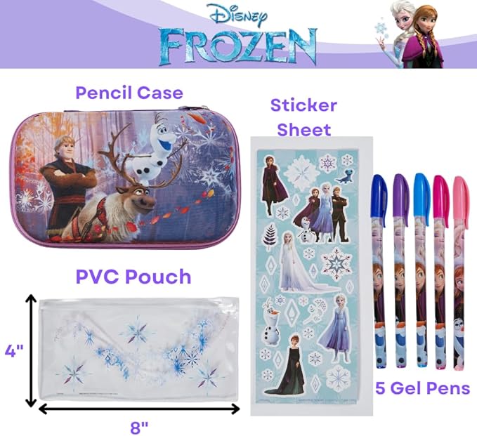 Innovative Designs Frozen Pencil Case Set with Stickers and Gel Pens for Kids, Molded with Zip Closure, Purple