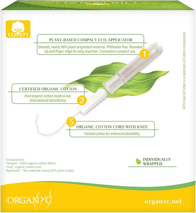 Organyc 100% Certified Organic Cotton Tampons, Plant-Based Eco-Applicator, Regular Flow, 16 Count (Pack of 6)