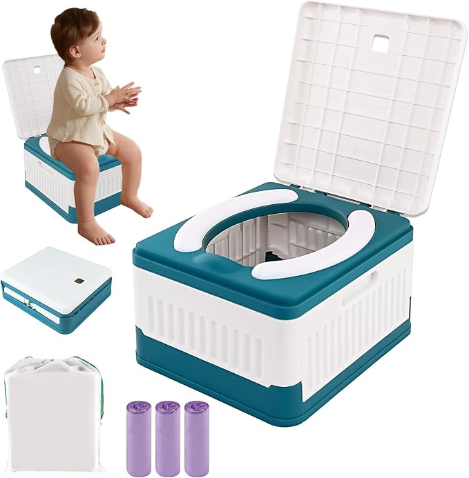 Portable Potty Seat for Toddler Travel, Foldable Training Toilet Seats | Emergency Mobile Toilet, for Kids Boys Girls, for Car Camping Outdoor Indoor, with 60 Disposable Cleaning Bags, Storage Bag