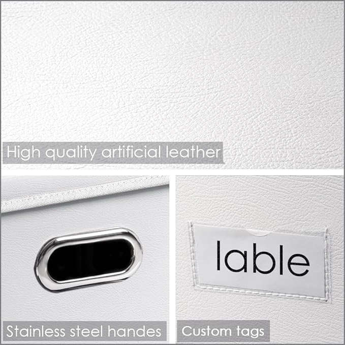 Collapsible Storage Box with Lid [3-Pack] Leather Fabric Foldable Storage Bin Organizer Container Basket Cube with Cover for Home Bedroom Closet Office Nursery White(22.8X15.7X11.8)