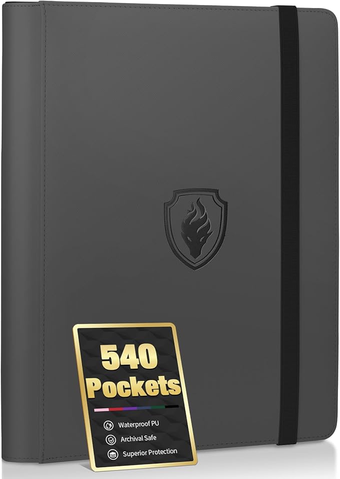 Premium 9 Pocket Card Binder for 540 Cards, Fabmaker PU Cover Trading Card Binder, Sturdy Card Collection Album, Sleek Card Holder Folders for Game Cards & Sports Cards, Grey