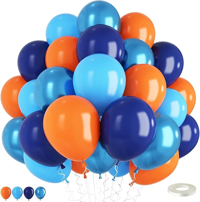 Orange and Blue Balloons, 60 Pcs 12Inch Navy Dark Light Metallic Blue and Matt Orange Latex Helium Balloon for Cartoon Kids Boy Men Birthdays Graduation Baby Shower Basketball Theme Party Decorations