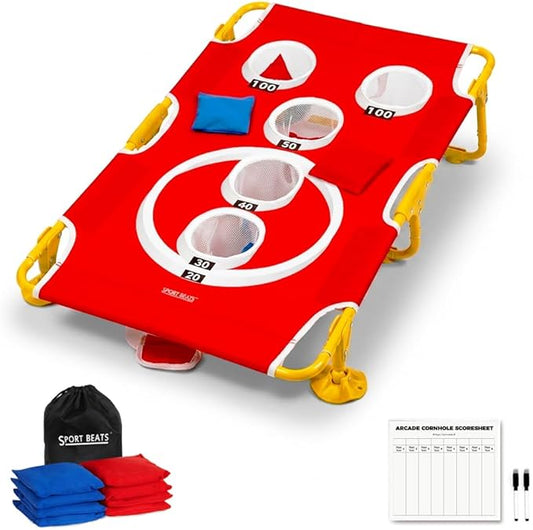 Foldable Cornhole Game Set Portable Bean Bag Toss for Family Tailgate & Beach - Metal Frame 5-Hole Arcade Style with 8 Bags & 8 Fun Games - Choose 3x2' Tailgate or 4x2' Regulation Size