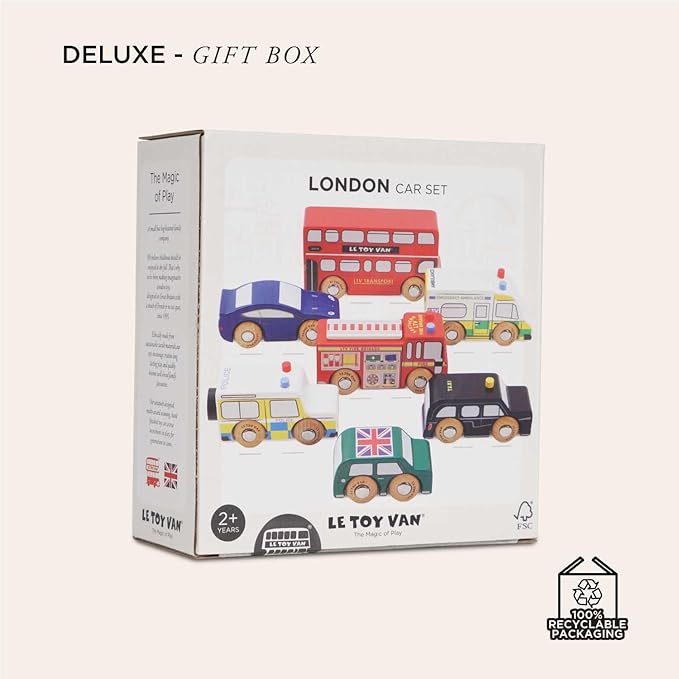 Le Toy Van London Car Set Premium Wooden Toys for Kids Ages 3 Years & Up (TV267), 7-pk