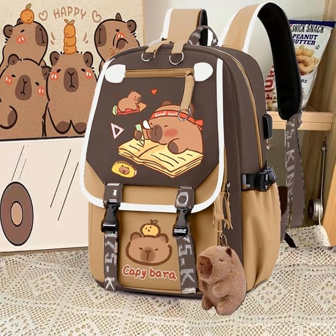 Kapibara Capybara Cartoon Backpack Large Capacity Waterproof Kapibara stuff kawaii backpack with pins and Accessories (Pattern 2 without compliments)