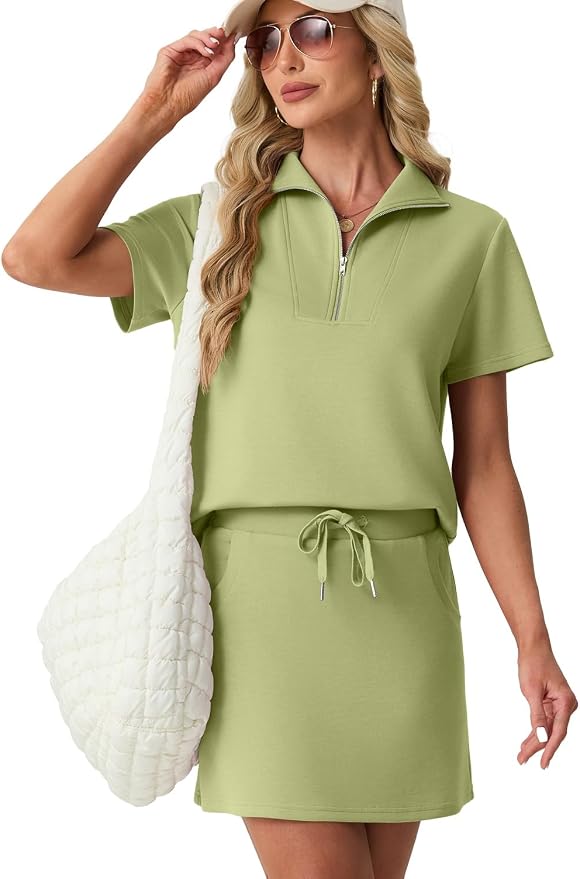 GRECERELLE Women's Summer 2 Piece Skort Set Half Zip Short Sleeve Top & Pocketed Tennis Skirt For Sports & Vacations.