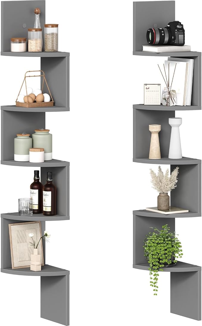 HOOBRO Corner Shelf Wall-Mounted, Set of 2 Floating Corner Shelves for Wall, 5-Tier Bookshelves for Wall Decor in Living Room, Bedroom, Home Office, Dove Gray GY26BJP201