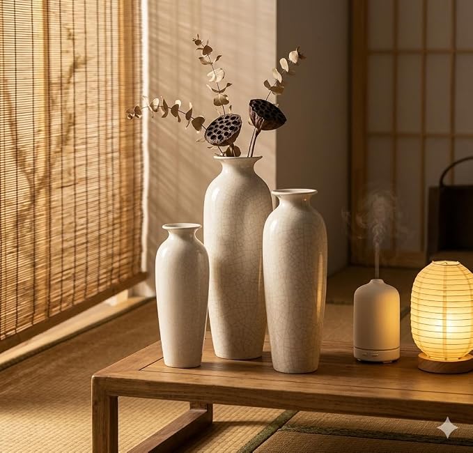 Hosley Set of 3 Crackle Ivory Ceramic Vases. Ideal Gift for Floral Arrangements Wedding or Special Occasions for Use in Home Office Decor Spa Aromatherapy Settings