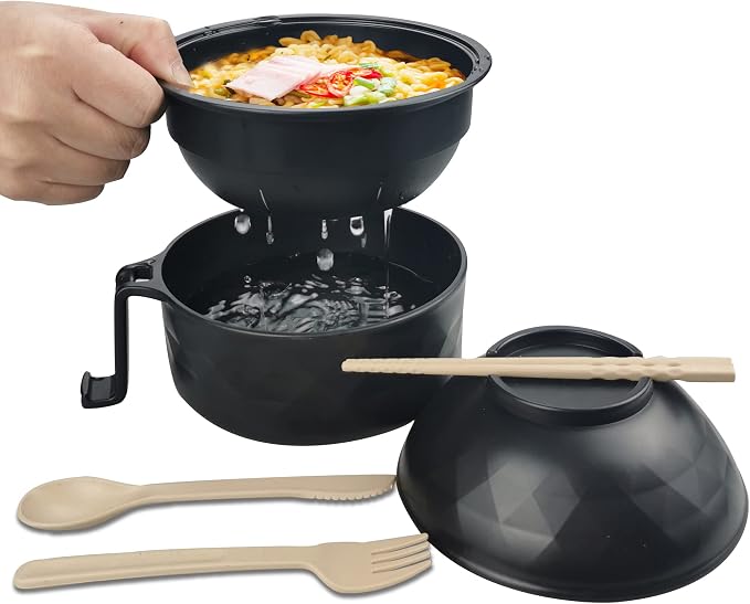 Layron Ramen Cooker Ramen Bowl Set with Chopsticks 33oz Microwave Noodle Bowl College Dorm Room Essentials for Girls for Boys Apartment Essentials-Black