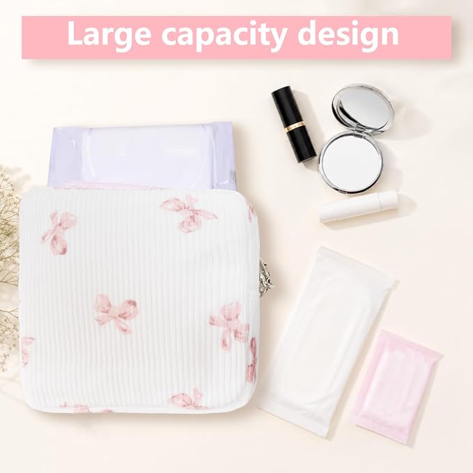 Period Bag for Girls, Corduroy Period Kit with Sanitary Pad Pouch, Menstrual Storage Bag and Tampon Holder for Purse, Girls School Essentials,Feminine Care Organizer(Pink Bow)
