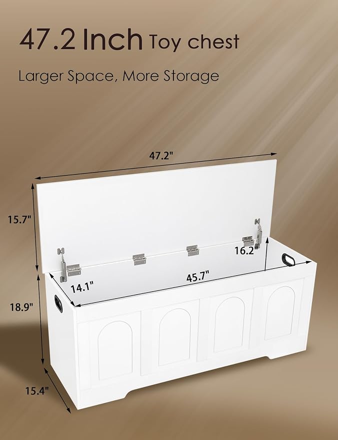 Storage Chest, Wooden Toy Box, White 47.2" L | Entryway Shoe Bench, 2 Soft-close Hinges, Finger-safe Flip-Top Lid, Easy Assembly, Farmhouse Large Trunk, Living Room/Bedroom
