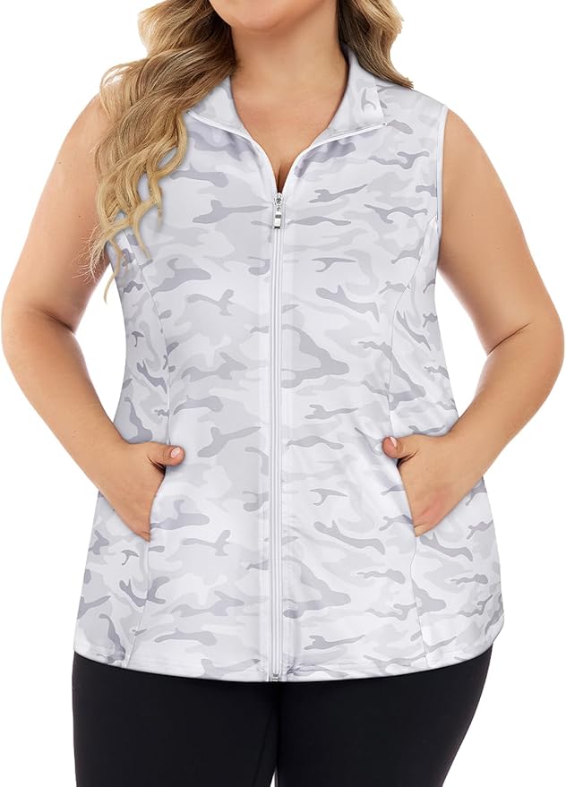 Misyula Style Plus Size Womens Golf Shirt Full-Zip with Pockets Tank Tops | Sleeveless, Quick Dry, Moisture-wicking, Lightweight Vests, Athletic, Tennis, Running, Workout, Casual, Travel, Work