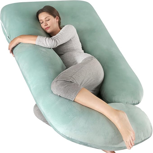 U-Shaped Full Body Pregnancy Pillow for Sleeping – 57" Maternity Pillow with Removable Cover, Support for Back, Legs, Belly & Hips (Velvet-Green)