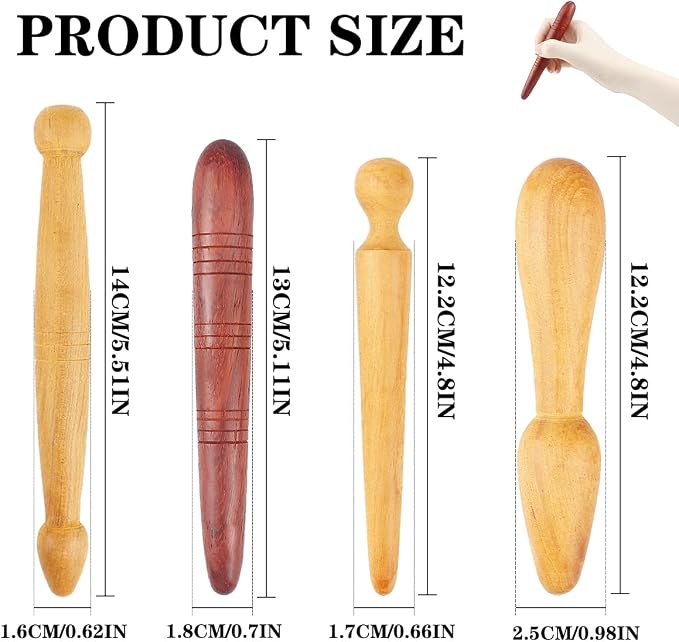 4PCS Massage Wooden Stick Small Muscle Scraper Manual Back Neck Foot Massager Smooth Wood Rod Acupuncture Point Massager Therapy Tool