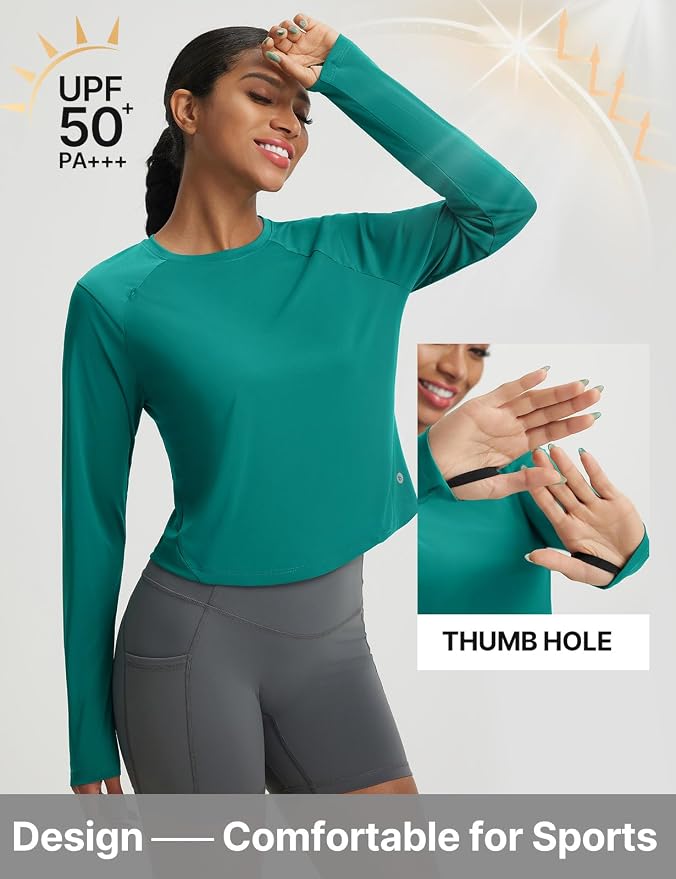 baleaf Women's UPF 50+ Long Sleeve Sun Shirts Crop Rash Guard UV Workout Tops SPF Slim Fit Lightweight Athletic Hiking