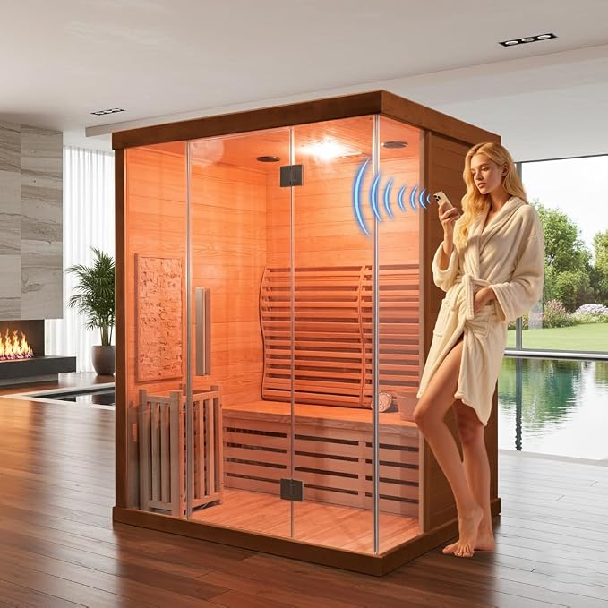 ZONEMEL 3 Person Wooden Steam Sauna Room, Canadian Red Cedar Luxurious Indoor Sona House with 6 KW Heater, WiFi Controller, Bluetooth Speaker, Wooden Bucket, Scoop, Reading Light, 220V, 195℉