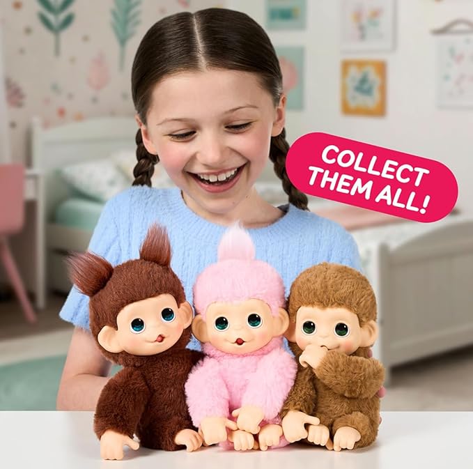 Little Live Pets Baby Monkey Minis – Luna Lemon. Interactive Pet Toy. 20+ Sounds & Reactions. Soft Pink Fur. 7.4" Tall. Feed, Nurture. React. Grippy Hands & Feet. Collect All 3