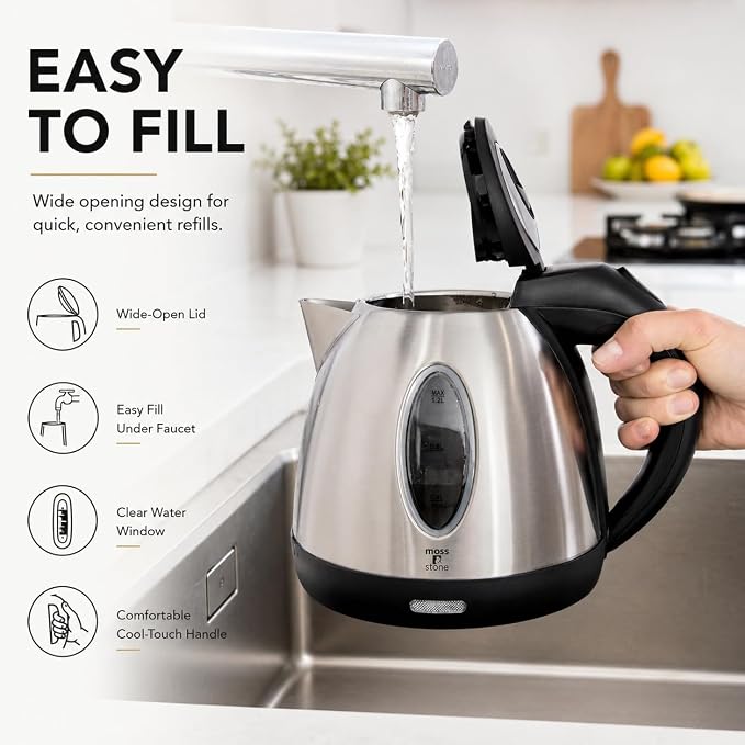 Moss & Stone 1.2L Stainless Steel Small Electric Kettle, Cordless 1500w Fast Boiling Pot, Portable Hot Water Electric Tea Kettle With Boil Dry Protection & Auto Shut-Off