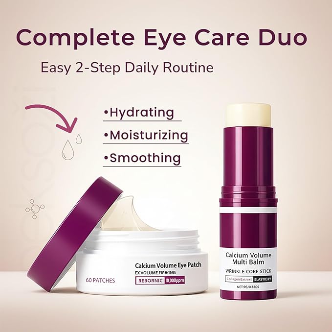 Eye Care Set - Calcium Multi Balm Stick + Under Eye Patches 30 Pairs, Collagen Moisturizing Stick, Nourishing Calcium Volume Balm, Gentle formula, Eye Care & Daily Skincare