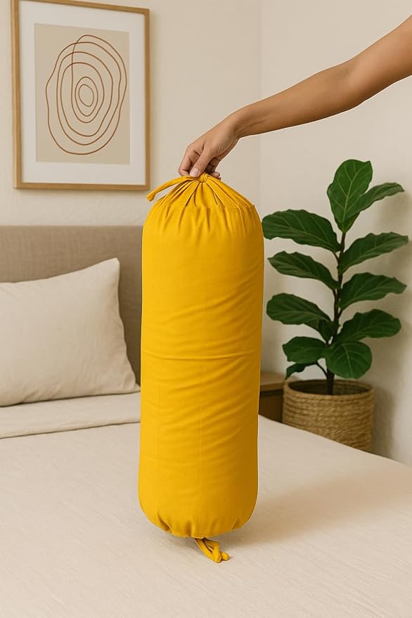 Round Pillow Cover Cervical Neck Roll Cotton Bolster Pillowcase for Cylindrical Cushion and Drawstring Closure Round Neck Pillowcase 6" x 18" (15 x 45 cm) Mustard