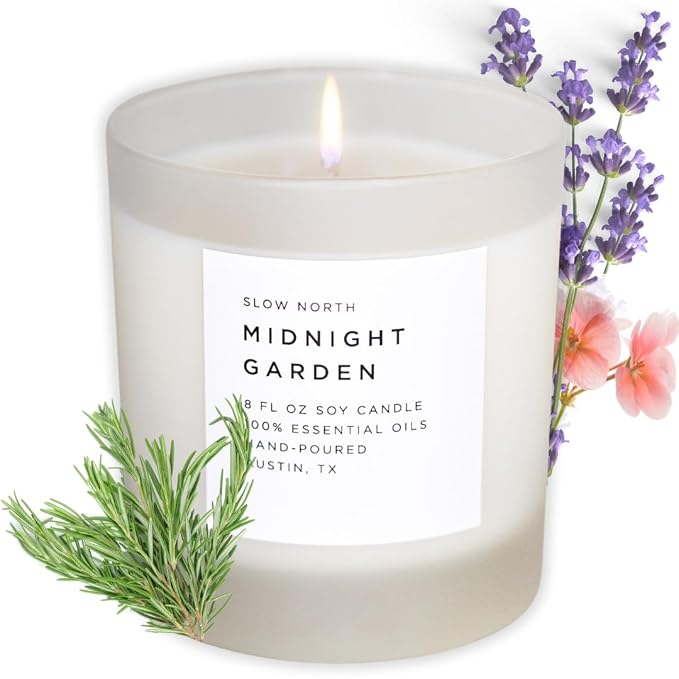 Slow North Midnight Garden Candle - Essential Oils and Pure Soy Wax Candle in a Reusable Frosted Glass Jar - A Unique Scented Candle Hand-Poured in the USA (8 oz)