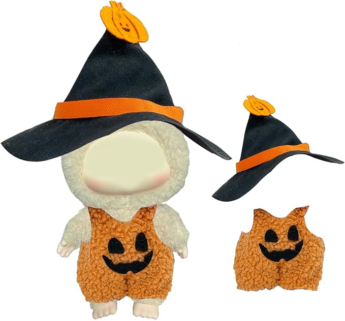 Halloween Pumpkin Outfit for Dolls, Orange Black Jumpsuit with Witch Hat Costume, Cute Halloween Party Doll Clothes