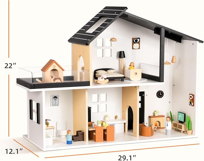 OOOK Wooden Dollhouse, Modern Doll House with Garage and 60Pcs Luxurious Furniture Accessories, Including Dolls and Pet Sets, Wood Dollhouse Toy for Boys and Girls 3+
