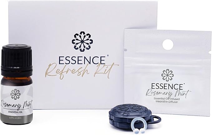 Essence Refresh Kit | Solid Scents Essential Oils | Aromatherapy Nasal Diffuser | Personal Scent Clip for Travel, Work & Everyday Use | Made in USA | Rosemary Mint | Black Pod