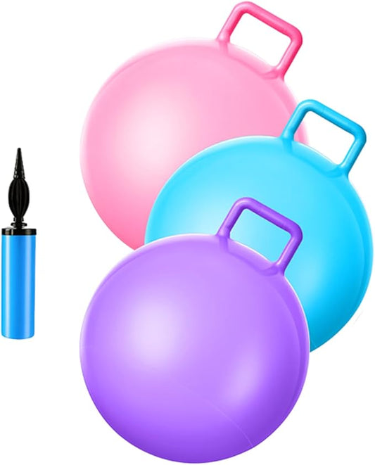 Lewtemi 3 Pcs 18 Inch Bouncing Ball with Handle, Outdoors Hopper Jumping Hopping Ball and Air Pump for Sports Exercise (Light Pink, Light Blue, Purple)