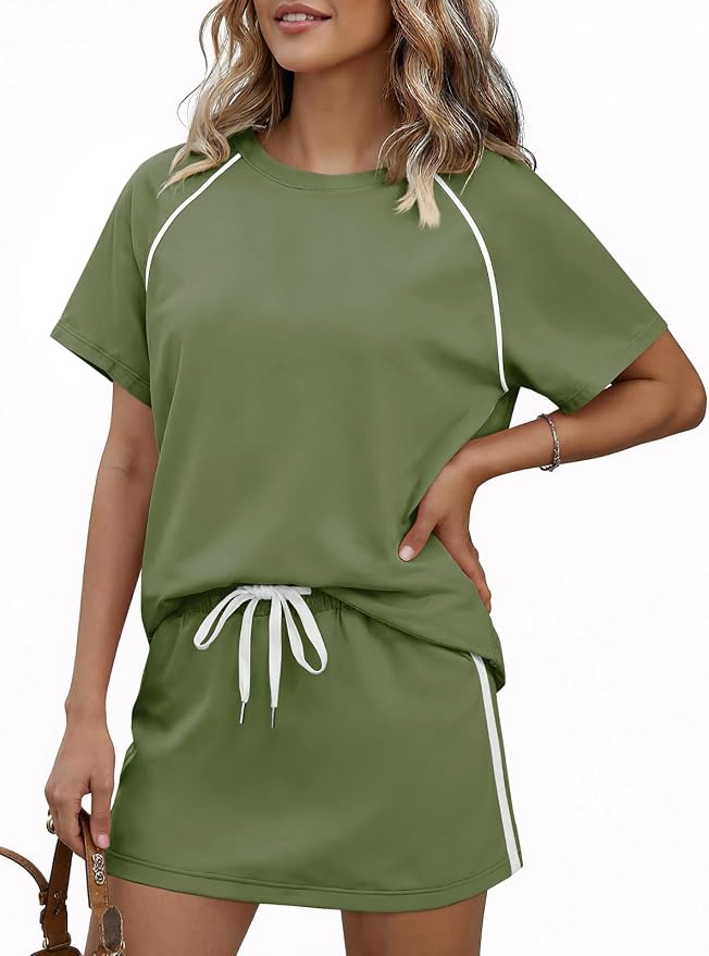 Womens 2 Piece Skirt Sets Summer Tennis Outfits Vacation Skort Set | Two Piece Sets, Short Set, Athletic Workout Golf Outfits, Crew Neck, Color Block, Drawstring, Workout Mathcing Lounge Sets