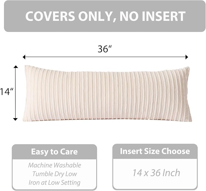 UGASA 14x36 Inch Pillow Cover Pack of 1 Soft Boho Stripe Corduroy Large Long Rectangular Lumbar Cushion Cover Farmhouse Decorative Throw Pillowcase for Bed, Couch, Sofa, Bedroom, Living Room, Cream