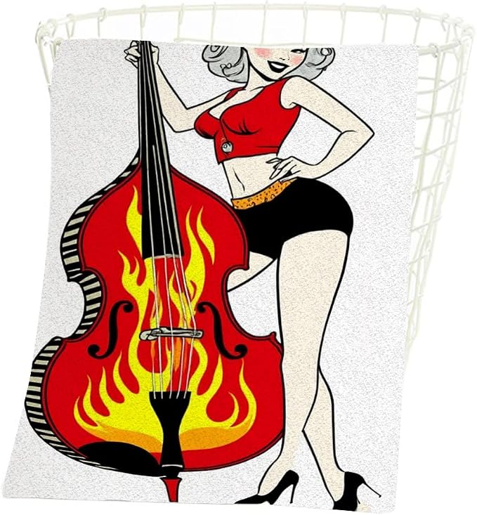 Rockabilly Pinup Girl Hand Towel Playing Double Bass with Flames Face Towels Suit Travel Sports Pool Swimming Bath Camping Spa Gym Yoga,15x30 Inch