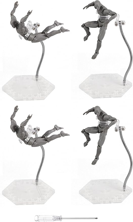 Action Figure Stand with Flexible Metal Arm,Action Figure Pose Display Holder Base,Flight Stands for Action Figures Compatible with HG RG SD SHF Gundam 1/144 Toy with Screwdriver (4Pcs Clear)